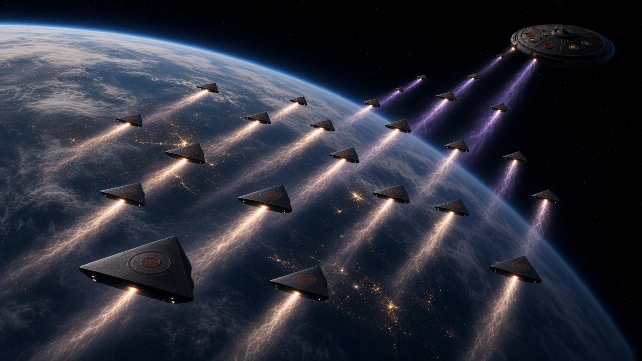 A mass sortie of black triangular spacecraft accelerates from Earth toward a distant charcoal-dark alien saucer.